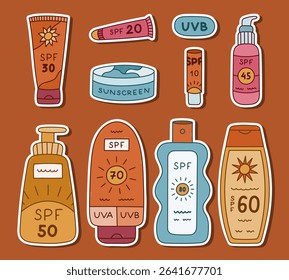 Lovely colored doodle sticker set with different tubes of sunblock for planners, notebook, scrapbook. Ready for print list of hand drawn stickers with cream, spray, lipstick with SPF protection