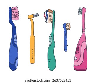 Lovely colored doodle toothbrushes set different colors and size. Manual, electric, for cleansing braces, removable nozzle of tooth brush. Cute hand drawn dental hygiene clipart isolated on white.