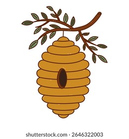 Lovely colored doodle wild beehive hanging on tree foliage branch. Childish hand drawn wild natural bee hive, honeybee nest. Cute classic home of honey bees isolated on white background for poster.