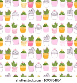 Lovely colorful cacti with flowers and thorns in pink pots. A seamless pattern for printing on fabric, clothing, dishes, obey, paper and packaging. Line art.