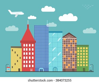 Lovely colorful city downtown landscape with various townhouses, clouds, birds, plane and other urban details.
