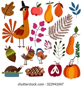 Lovely colorful design elements for Thanksgiving. Autumn set with turkey, pie, apple, pear, pumpkin, acorn and others in cartoon style.  
