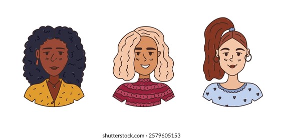 Lovely colorful doodle multiracial set with cheerful women with different hairstyle, clothes, jewelry. Cute hand drawn lady character portrait for social media avatar, International Womens Day poster.