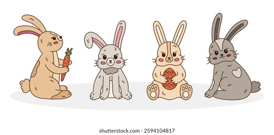 Lovely colorful doodle set with Easter bunny in different poses, fur. Hand drawn rabbit holding Easter egg, standing with carrot, bent down ear, back view. Symbol of traditional springtime holiday.