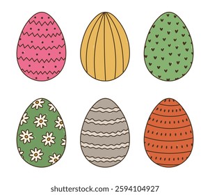 Lovely colorful doodle set of patterned Easter egg with line, wavy stripes, heart, flower ornament. Outline hand drawn symbol of Easter egg hunt, religious springtime festival isolated on white.