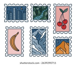 Lovely colorful doodle set of picturesque postage stamp with scenery of desert at midnight, snowy mountains, skyscraper, river in woods, summertime fruit. Retro travel mail postmark with calm panorama