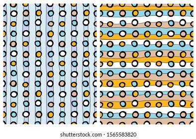 Lovely Colorful Dotted Seamless Vector Patterns. Black,Blue, White and Yellow Circles Isolated on a Blue and Colorful Striped Layout. Cute Multicolor Geometric Vector Print Ideal for Fabric, Cover.