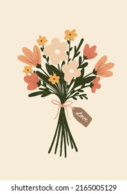 Lovely Colorful Flower Bouquet with Attached Tag. Handwritten Inscription. Simple Hand Drawn Vector Illustration. Floral Graphic Design Perfect for Invitation, Greeting Card or Poster.