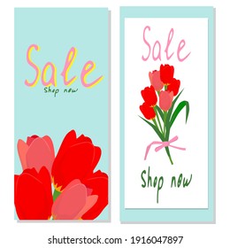 Lovely colorful fresh tulip flowers. Sale. Vector.