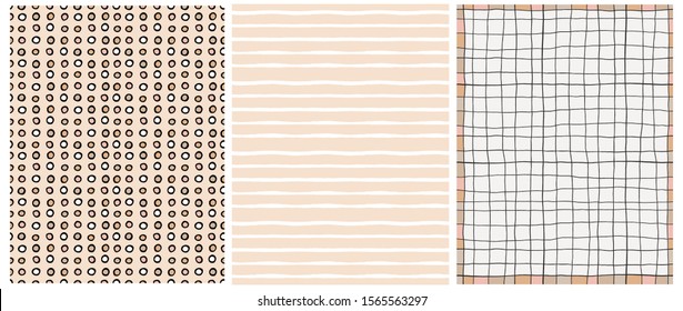 Lovely Colorful Geometric Background and Seamless Vector Patterns. Tiny Polka Dots on a Light Brown Background. White Freehand Stripes on a Beige Layout. Simple Checkered Background. 