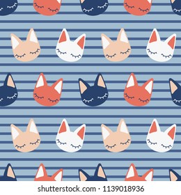 Lovely colorful kawaii kitten on classic blue striped background. Seamless vector repeat pattern. Suitable for cards, bathing apparel design, wallpapers, packaging materials, scrapbooking etc.