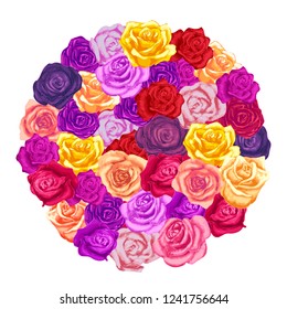 A lot of lovely colorful rosebuds arranged in round shape isolated on white