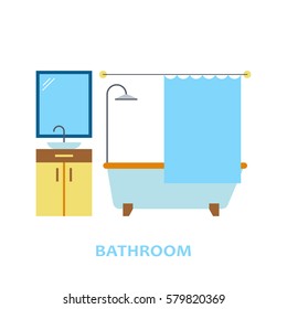 Lovely and colorful vector interior design bathroom in trendy flat style. Modern home decoration. Minimalistic background. Geometric house elements.