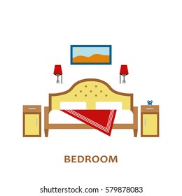Lovely and colorful vector interior design bedroom in trendy flat style. Modern home decoration. Minimalistic background. Geometric house elements.