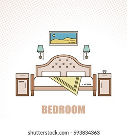 Lovely and colorful vector interior design bedroom in trendy line style. Modern home decoration. Minimalistic background. Geometric house elements.