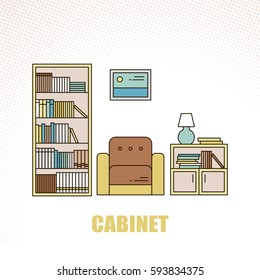 Lovely and colorful vector interior design cabinet room in trendy line style. Modern home decoration. Minimalistic background. Geometric house elements.