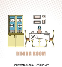 Lovely and colorful vector interior design dining room in trendy line style. Modern home decoration. Minimalistic background. Geometric house elements.