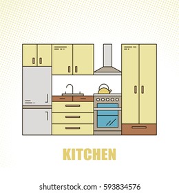 Lovely and colorful vector interior kitchen design room in trendy line style. Modern home decoration. Minimalistic background. Geometric house elements.