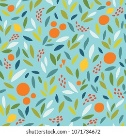 Lovely colorful vector seamless pattern with cute oranges, lemons and leaves in bright colors. Can be used for wallpapers, web page backgrounds.