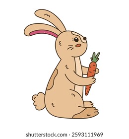 Lovely coloured doodle Easter bunny side view with carrot in paws and cute fluffy tail. Hand drawn jolly rabbit. Sign of Easter egg hunt at springtime holiday. Seasonal sticker for banner, postcard