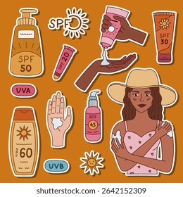 Lovely coloured doodle sticker set about skincare with sunblock cosmetic for planners, notebook. Ready for print sheet of hand drawn stickers with women hands applying sunscreen, SPF tube, bottles