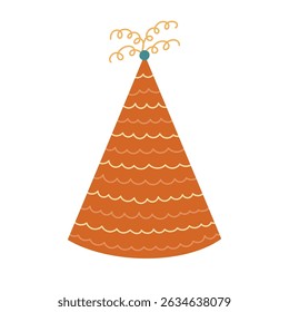 Lovely colourful birthday party hat with swirl lines above, wavy horizontal line ornament. Hand drawn striped party paper cone for carnival, quiz, holiday. Simple flat Christmas cap isolated on white.
