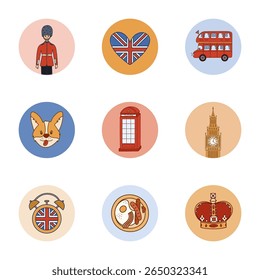Lovely colourful doodle round cover icon with England clipart for different social media, branding. Highlight icon for story with Union Jack, British guardian, UK flag, bus, call box in pastel colors.