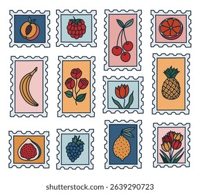 Lovely colourful doodle set of postage stamp with image of summertime tropical fruits and springtime flowers. Retro airmail postmarks. Trendy trip postal labels with rose, peach, grape, pineapple.
