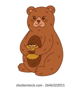 Lovely colourful doodle of sitting bear with honey pot with dripping syrup. Hand drawn wild animal character who love sweets. Cheerful teddy bear outline clipart holding honey jar isolated on white.