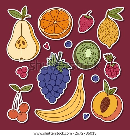 Lovely colourful doodle sticker sheet with tropical exotic fruits and berries for planners, notebooks, diary. Ready for print list of doodle stickers with pear, kiwi, peach, lemon, orange.