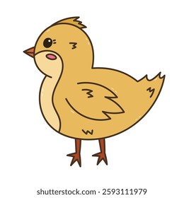 Lovely colourful Easter baby chick side view. Hand drawn cute little hen or rooster, funny farm bird, poultry. Sign of religious springtime holiday. Seasonal chicken doodle isolated on white
