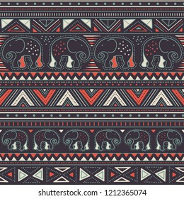 Lovely contrasty tribal pattern with walking elephants, seamless vector repeat. Trendy hand drawn style. Great for textile design, wallpapers, packaging materials, home decor, scrapbooking etc.