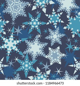 Lovely cool ornate snowflake pattern, seamless vector repeat. Blue hues on dark background. Great for any christmas themed surfaces such as wrapping gift paper, cards, textiles, scrapbooking etc.