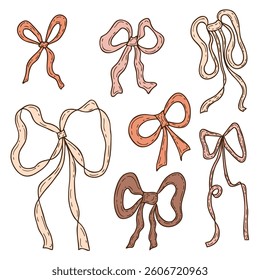Lovely coquette ribbon bows clipart collection in trendy mocha mousse colors. Perfect for stickers, label, sale, cards, invitations. Doodle vector illustration.


