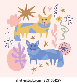 Lovely corgis. Vector clipart dog sticker. Dogs breed. EPS and JPG illustration. Funky doodle trendy print, colorful handdrawn childish cartoon art. Groovy fauve abstract collage decor elements in