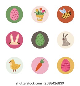 Lovely and cosy round cover icon with Easter springtime illustration for different social media, blogs, business, branding. Highlight icons for stories with bunny, chick, painted egg in pastel colors.