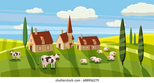 Lovely country rural landscape, cow sheep grazing, farm, flowers, pasture, Cartoon style, vector illustration