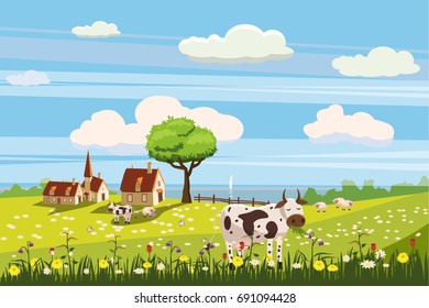 Lovely country rural landscape, cow grazing, farm, flowers, pasture, Cartoon style, vector illustration