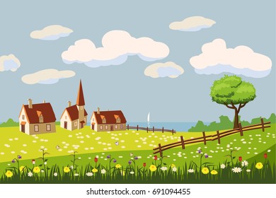 Lovely country rural landscape, cow grazing, farm, flowers, pasture, Cartoon style, vector illustration