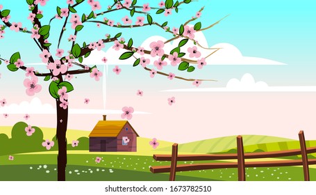 Lovely Countryside landscape farm house hut fence bloming tree green hills fields, nature, bright color blue sky. Spring, summer country scenery panorama agriculture, farming. Vector illustration