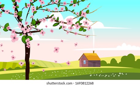 Lovely Countryside landscape farm house hut bloming tree green hills fields, nature, bright color blue sky. Spring, summer country scenery panorama agriculture, farming. Vector illustration cartoon