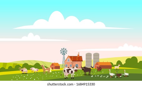 Lovely Countryside landscape village farm green hills fields, nature, bright color blue sky. Spring, summer country scenery panorama agriculture, farming animals farm cows, duck, ram, sheeps. Vector