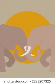 Lovely couple aesthetic elephant poster illustration. Colorful sunset in savannah
