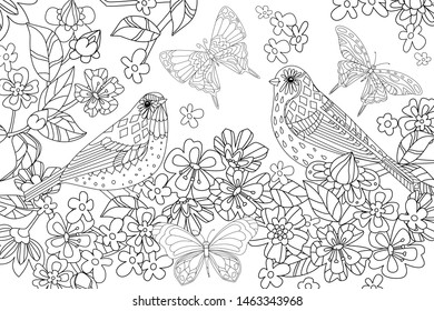 lovely couple of birds with butterflies in cherry garden for your coloring book