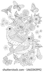 lovely couple of birds with butterflies in fancy garden for your coloring book