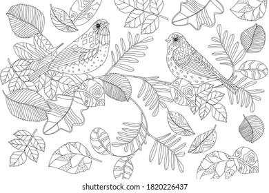 lovely couple of birds sitting on branch of autumn tree. bizzare leaves for your coloring book