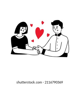 Lovely couple of boy and girl in love  holding hands with red hearts over them. Love prewedding, romantic concept. Valentines day greeting card in doodle style.
