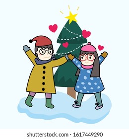 lovely couple boy and girl in romantic heart of winter season. Man and woman embracing each other in sweet valentines day and cold weather. Flat cartoon characters vector illustration.