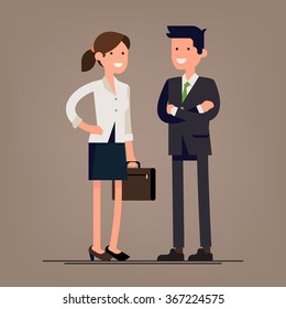 Lovely couple of businessmen smiling isolated. Businessman and businesswoman characters standing. Female and male friendly office workers couple 