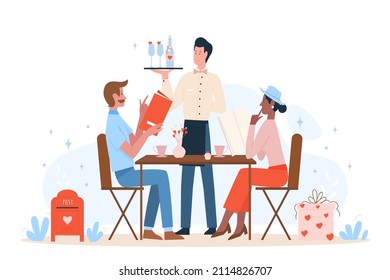 Lovely couple celebrating valentine day on romantic restaurant dinner. Celebrating love and beautiful relationship flat vector illustration